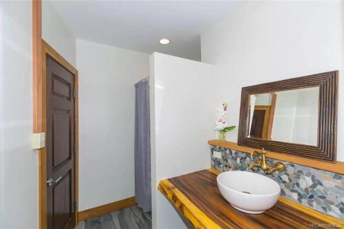 a bathroom with a sink and a mirror on a counter at Charming Country Cottage on quiet street just a few steps from the beach! in Waianae