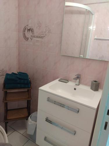 a bathroom with a sink and a mirror and a toilet at Abri Côtier-3 étoiles-vue imprenable sur port de plaisance in Fécamp