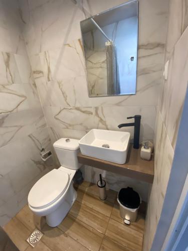 a bathroom with a toilet and a sink and a mirror at SPN.SPIROS APARTMENTS PREVEZA in Preveza