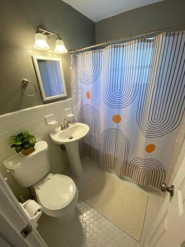 a bathroom with a toilet and a sink and a shower curtain at Happy Days at Two Oaks in Lakeland