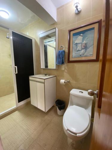 y baño con aseo, lavabo y espejo. en Casa Vista hermosa de taxco en Taxco de Alarcón