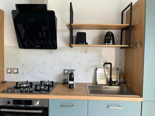 a kitchen with a stove and a sink and a microwave at Le Pavillon du trou d'eau in La Saline les Bains