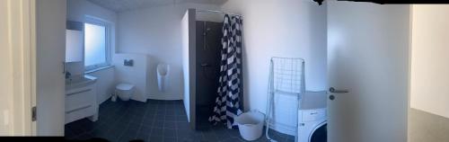 uma casa de banho com um chuveiro, um WC e um lavatório. em Parallalvej 58b em Hvide Sande