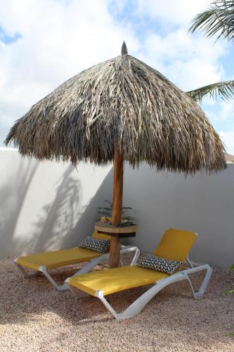 twee stoelen en een parasol op een strand bij Dancing Iguanas in Oranjestad