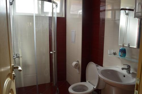 a bathroom with a shower and a toilet and a sink at Divela 3 Apartments in Nesebar