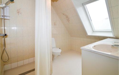 a bathroom with a toilet and a sink and a window at Amazing Apartment In Karrebksminde With 3 Bedrooms And Wifi in Karrebæksminde