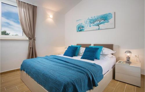 a bedroom with a bed with blue pillows and a window at Awesome Home In Krsan With Wifi in Kršan