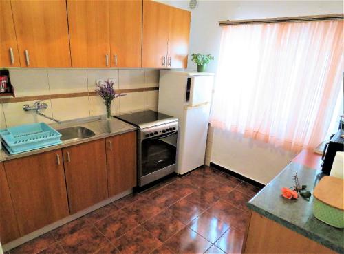 uma pequena cozinha com um lavatório e um frigorífico em House Franica em Zadar