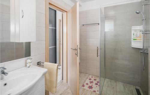 ein Bad mit einem Waschbecken und einer Dusche in der Unterkunft Cozy Home In Porec With Kitchen in Poreč