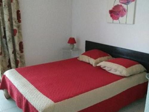 um quarto com uma cama com um cobertor vermelho e branco em Appartement Balaruc-les-Bains, 2 pièces, 4 personnes - FR-1-680-13 em Balaruc-les-Bains