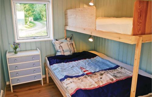 Rygård StrandにあるBeautiful Home In Allingbro With 3 Bedrooms, Sauna And Wifiのベッドルーム1室(二段ベッド2台、窓付)が備わります。