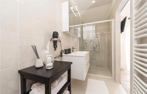 a white bathroom with a sink and a shower at Stunning Home In Donji Zemunik With House A Panoramic View in Donji Zemunik