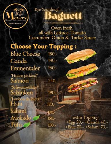 a menu for a restaurant with a sandwich on it at Meyers Hua Hin in Hua Hin