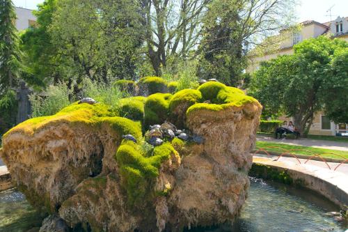 a moss covered rock in a pond with birds on it at Apartments ATM in Šibenik