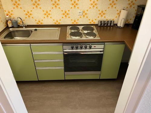 uma pequena cozinha com um fogão e um lavatório em 1 - Zimmer Appartement - kleine Harzperle em Langelsheim