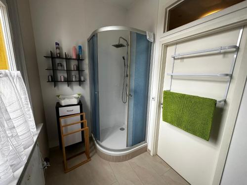 a small bathroom with a shower and a green towel at Bahnhof Paulinzella mit Sauna in Königsee