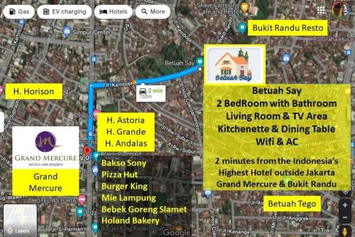 a map of the approximate location of a house at Betuah Say [2BR City Center Holiday Home] in Tanjungkarang