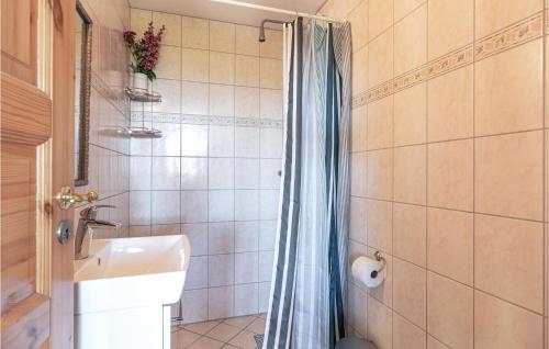 y baño pequeño con lavabo y ducha. en Alpehuset, en Allinge