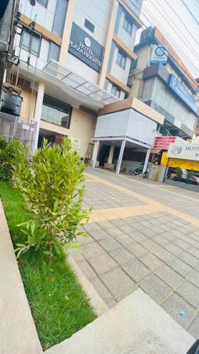 a small bush on a sidewalk in front of a building at Hotel Plaza Heights by RAK Rooms, Mangaluru in Mangalore