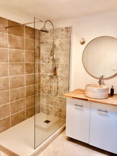 une salle de bain avec une douche avec un lavabo et un miroir dans l'établissement Maison de caractère au coeur de la Provence, à Robion