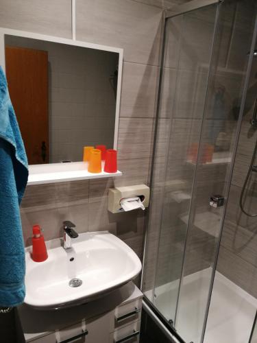 a bathroom with a sink and a shower at Pension Arkadenhof in Loipersdorf bei Fürstenfeld