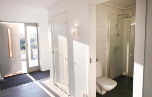SkillingarydにあるBeautiful Home In Skillingaryd With 4 Bedrooms, Sauna And Wifiのバスルーム(トイレ、ガラス張りのシャワー付)