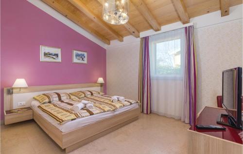 a bedroom with a bed with purple walls and a window at Nice Home In Rezanci With Wifi in Režanci