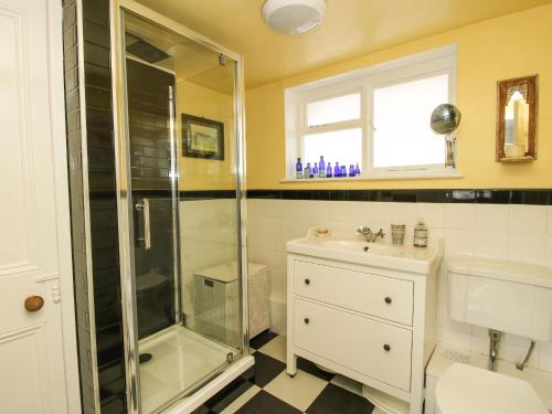 a bathroom with a shower and a sink at Hill Brow in Acton Scott