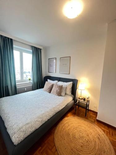 a bedroom with a bed and a window and a rug at Amajed in Namur