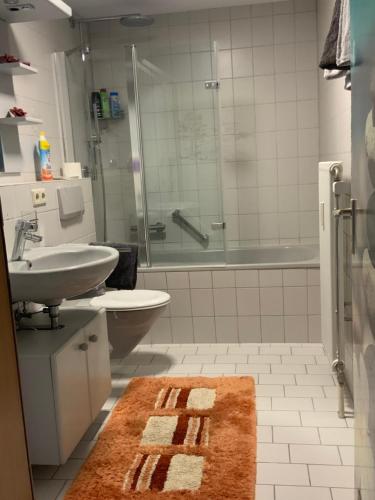 グレンツァッハ・ヴィレンにあるFerienwohnung Sonnenscheinのバスルーム(洗面台、トイレ、シャワー付)