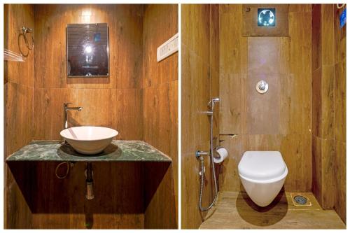 Duas fotografias de uma casa de banho com WC e lavatório. em HOTEL SIGNATURE INN em Mumbai