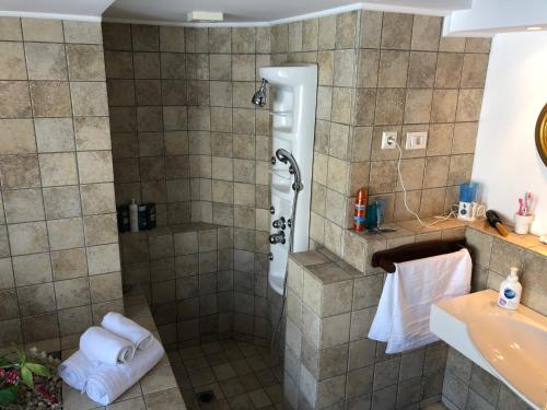 a bathroom with a shower and a sink at TopVila in Comarnic