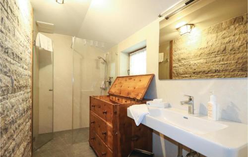 Beautiful Home In Mittersill With Wifi في ميترسيل: حمام مع حوض ومرآة