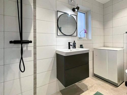 a bathroom with a sink and a mirror and a shower at 4 person holiday home in FARHULT-By Traum in Farhult