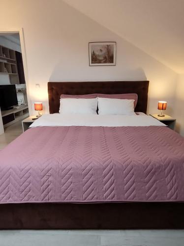1 dormitorio con 1 cama grande y edredón morado en Simona Apartament Palas Mall, en Iaşi