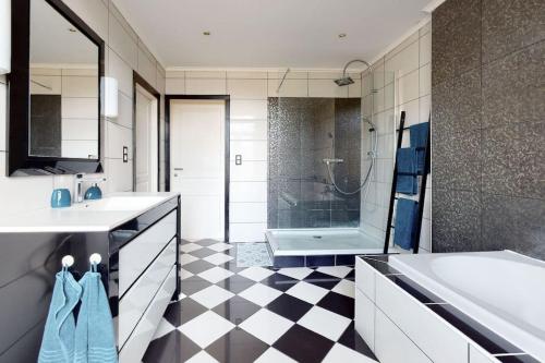 een badkamer met een zwart-wit geruite vloer bij Beautiful house in Mons-SHAPE-G00gle in Nimy