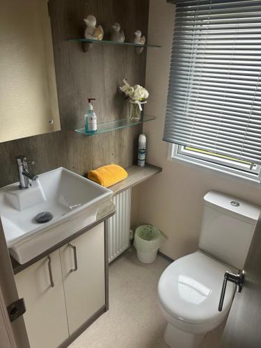 a bathroom with a sink and a toilet and a window at lake view staycations in Carnforth