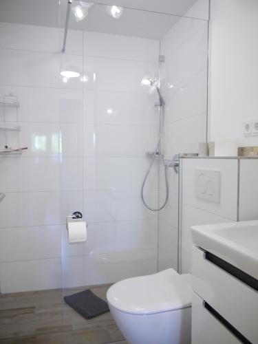 a white bathroom with a toilet and a shower at Ocean Hill in Scharbeutz