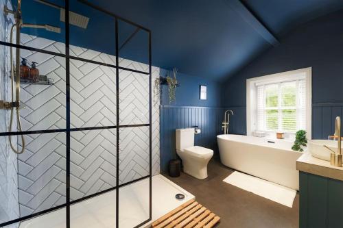a bathroom with blue walls and a tub and a toilet at Loft Fawr in Tregaron