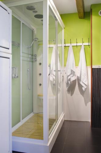 a bathroom with a shower and a glass shower stall at Casa Rural Madera y Sal in Salinas de Añana
