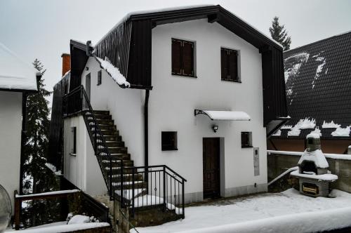 a white house with a staircase in the snow at Vila Alić in Šišava