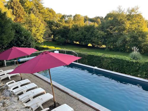 - deux parasols et des chaises roses à côté de la piscine dans l'établissement Belle et confortable demeure du XVII ème siècle, à Champagnac
