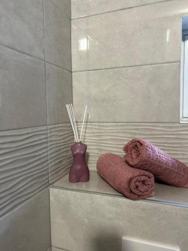 a bathroom with two towels and a vase on a shelf at ADRIA in Podaca