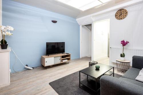 un salon avec un canapé et une télévision dans l'établissement Le saint honoré, à Amiens