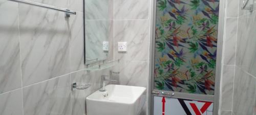 韦利格默Sriya Family Villa Weligama的带水槽和带镜子的淋浴的浴室