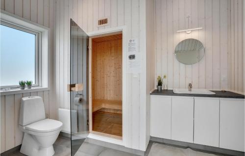 uma casa de banho com um WC, um lavatório e um espelho. em Lovely Home In Ebeltoft With Sauna em Ebeltoft