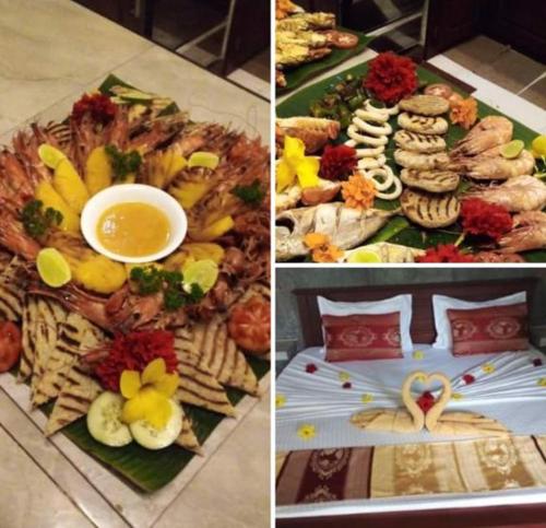 a collage of three pictures of food on a table at La Perla Bentota in Bentota