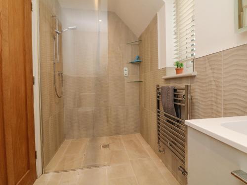 een badkamer met een douche en een wastafel bij Priory House in Barnstaple