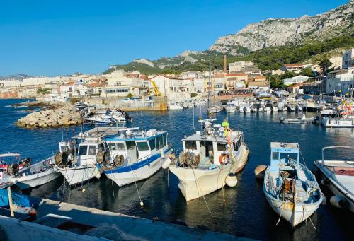 een groep boten is aangemeerd in een haven bij Authentique T3 calme entre mer et Calanques in Marseille