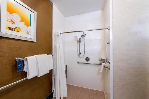 a bathroom with a shower with a shower curtain at Fairfield Inn Battle Creek in Battle Creek